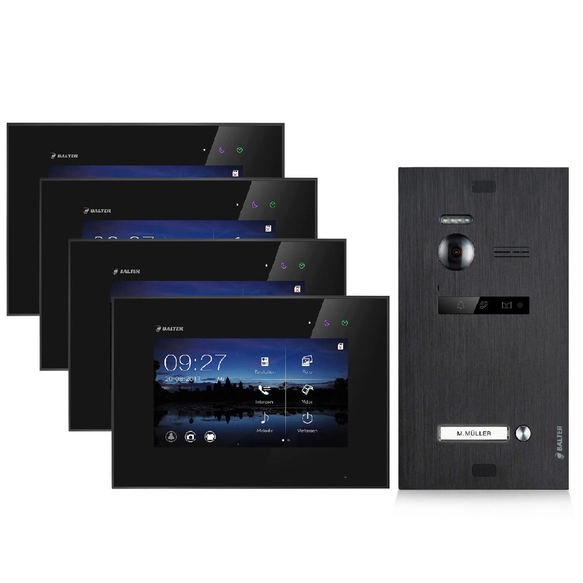 Video T&uuml;rsprechanlage f&uuml;r 1 Familienhaus, 4x Monitore, Balter EVO Schwarz