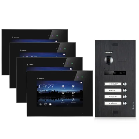 Video Türsprechanlage für 4 Familienhaus, 4x Monitore, Balter EVO Schwarz