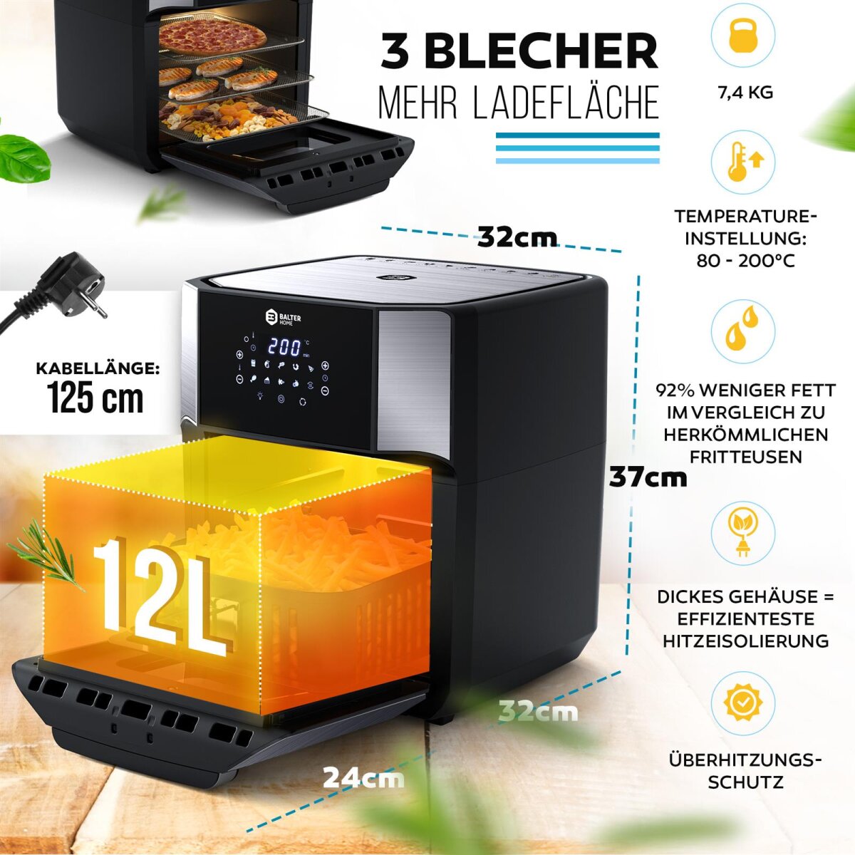 Balter Hei&szlig;luftfritteuse HL-1200 Schwarz (12 Liter, 10 Programme, Edelstahl, LCD, 2000W)