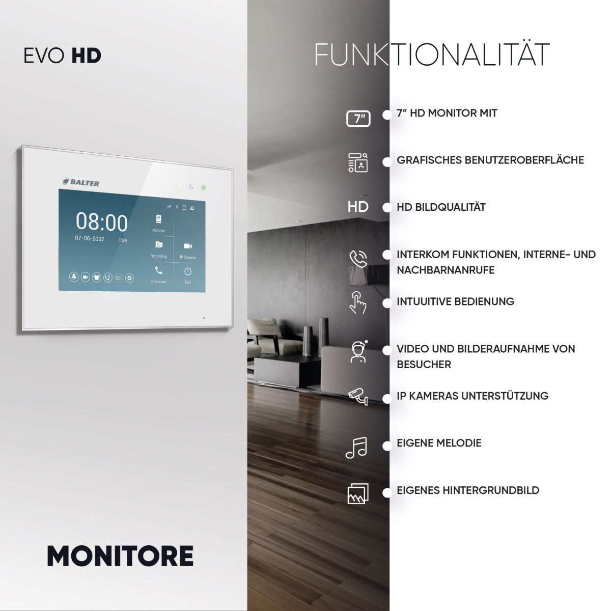 Balter EVO HD Video-T&uuml;rsprechanlage 7&quot; Monitor Touchscreen 2-Draht BUS Komplettsystem f&uuml;r Einfamilienhaus