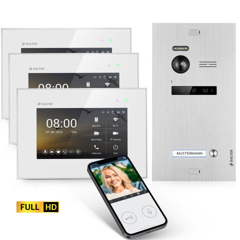 HD Video T&uuml;rsprechanlage mit Smartphone App f&uuml;r 1 Familienhaus, 3x Monitor, Balter EVO HD WLAN