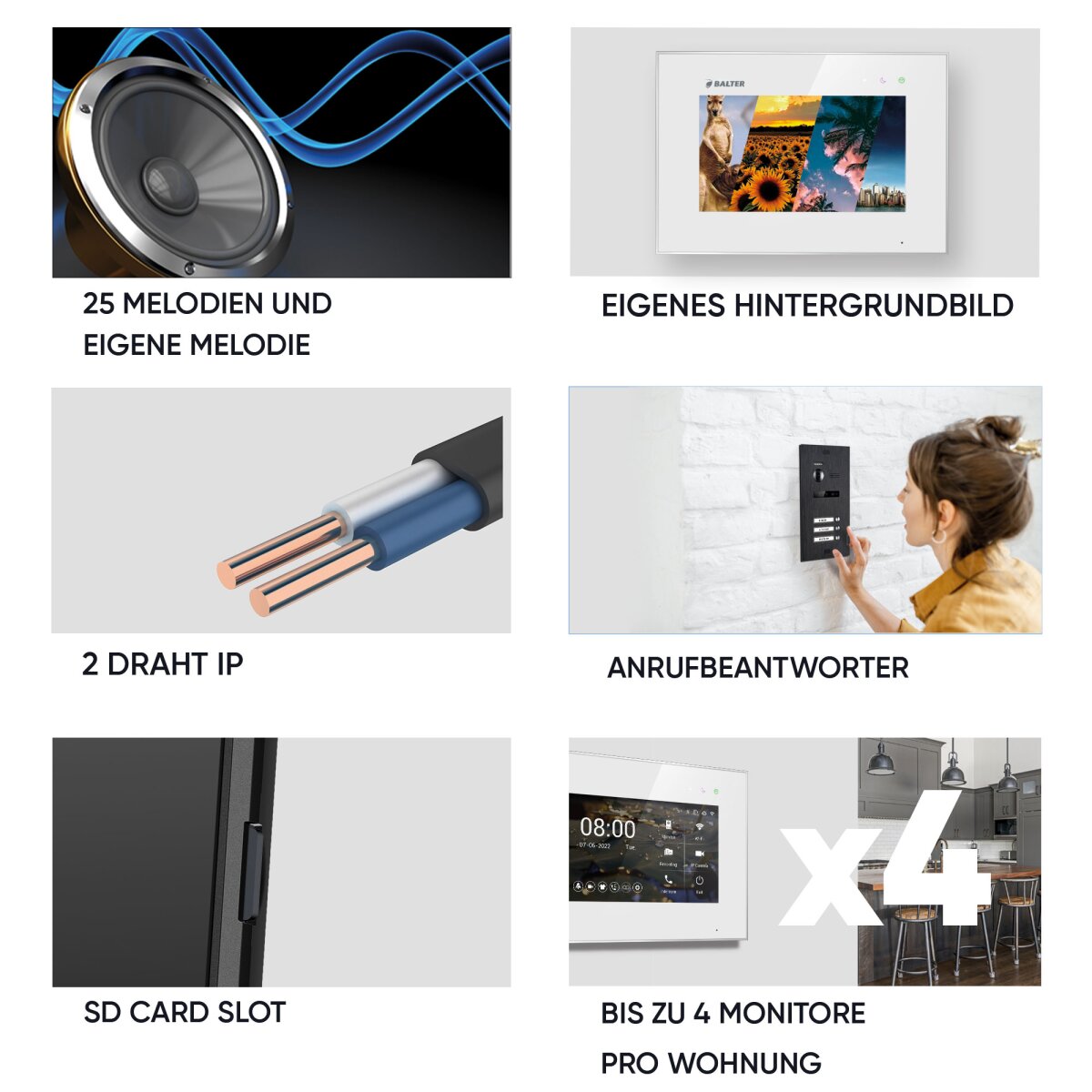 HD Video T&uuml;rsprechanlage mit Smartphone App f&uuml;r 1 Familienhaus, 4x Monitor, Balter EVO HD WLAN