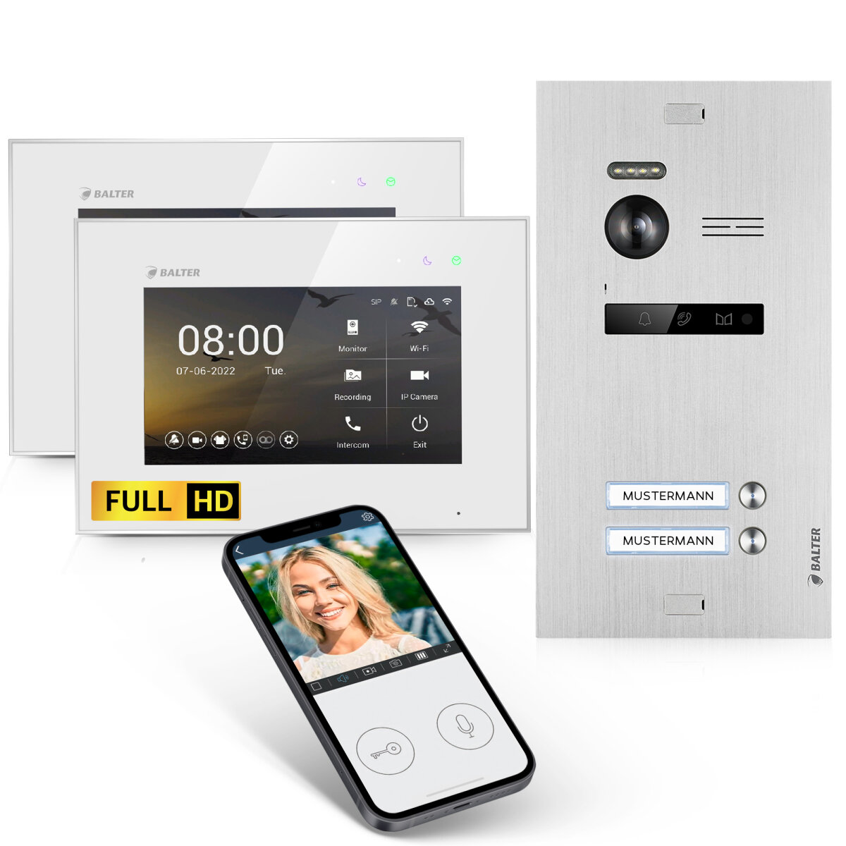 HD Video T&uuml;rsprechanlage mit Smartphone App f&uuml;r 2 Familienhaus, 2x Monitor, Balter EVO HD WLAN