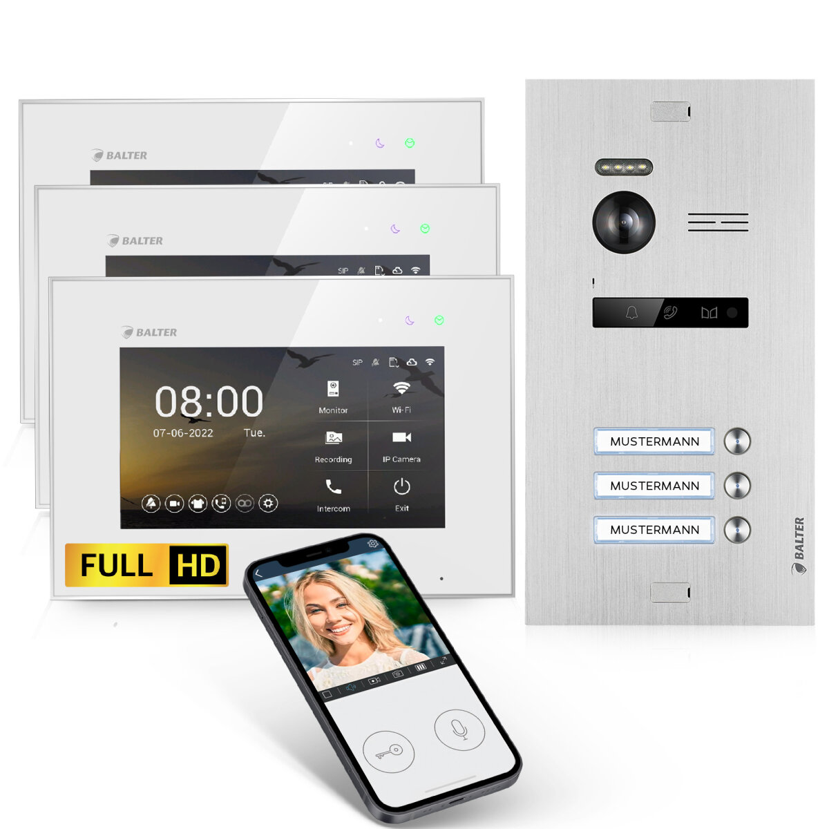 HD Video T&uuml;rsprechanlage mit Smartphone App f&uuml;r 3 Familienhaus, 3x Monitor, Balter EVO HD WLAN