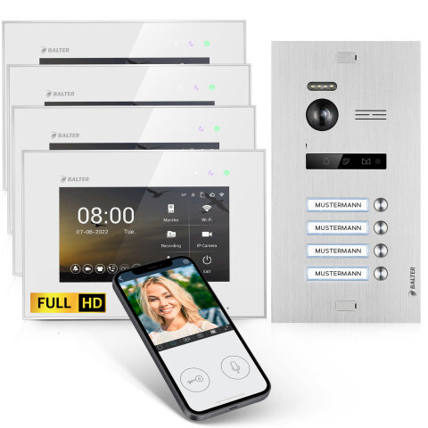 HD Video T&uuml;rsprechanlage mit Smartphone App f&uuml;r 4 Familienhaus, 4x Monitor, Balter EVO HD WLAN