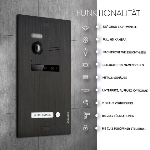 EVO HD f&uuml;r 1 Familienhaus, 4x Monitore, Full HD, 2-Draht, Schwarz