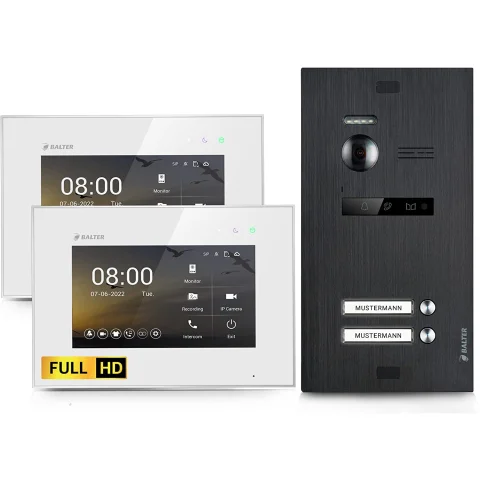 HD Video Türsprechanlage für 2 Familienhaus, 2 x Monitor, Balter EVO HD Schwarz
