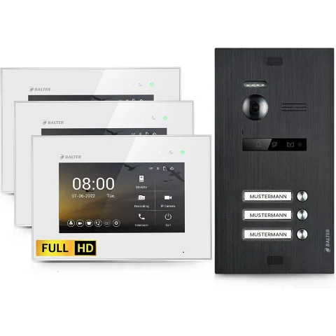 HD Video Türsprechanlage für 3 Familienhaus, 3x Monitor, Balter EVO HD Schwarz