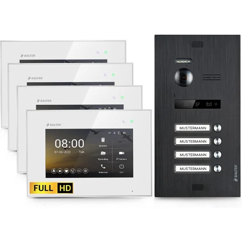 HD Video Türsprechanlage für 4 Familienhaus, 4x Monitor, Balter EVO HD Schwarz