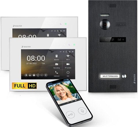 HD Video T&uuml;rsprechanlage mit Smartphone App f&uuml;r 1 Familienhaus, 2x Monitor, Balter EVO HD WLAN Schwarz