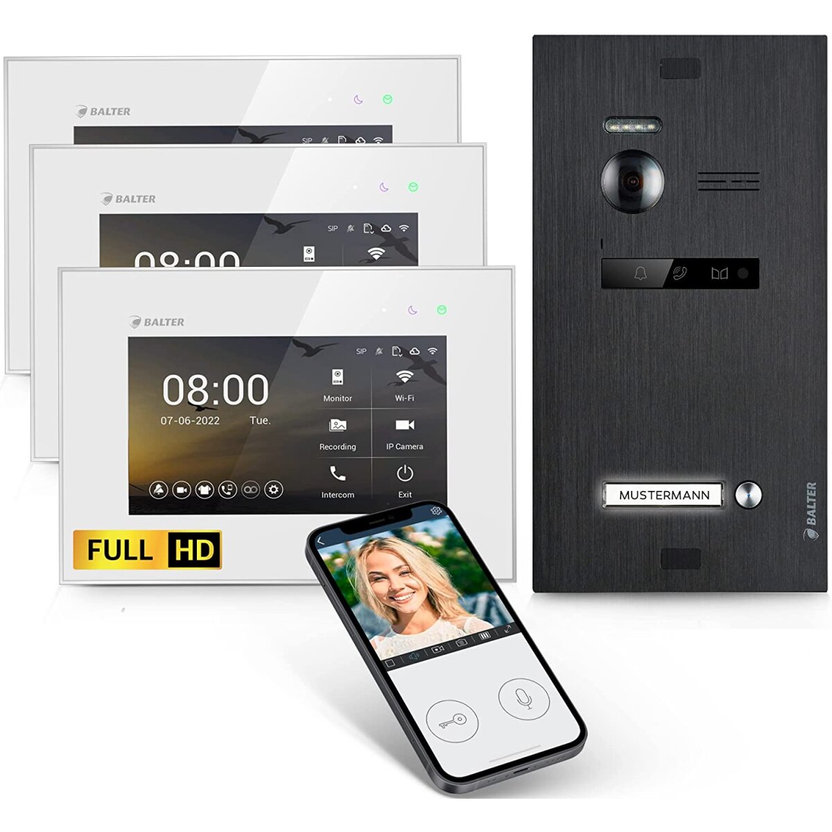 HD Video T&uuml;rsprechanlage mit App f&uuml;r 1 Familienhaus, 3x Monitor, Balter EVO HD WLAN Schwarz