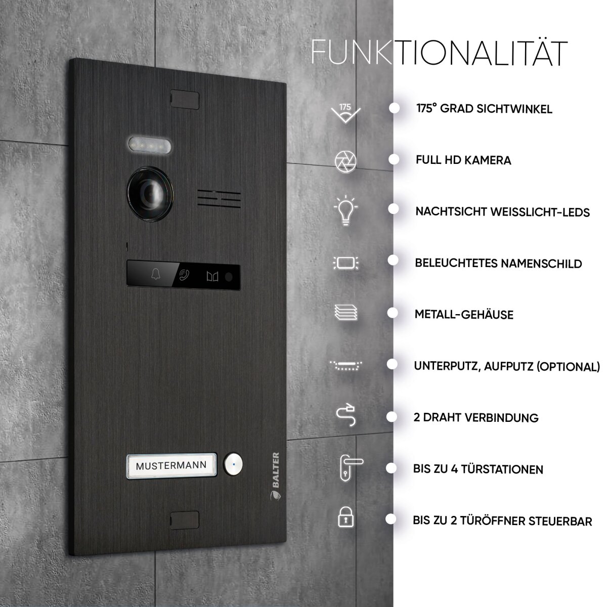 HD Video T&uuml;rsprechanlage mit App f&uuml;r 1 Familienhaus, 3x Monitor, Balter EVO HD WLAN Schwarz