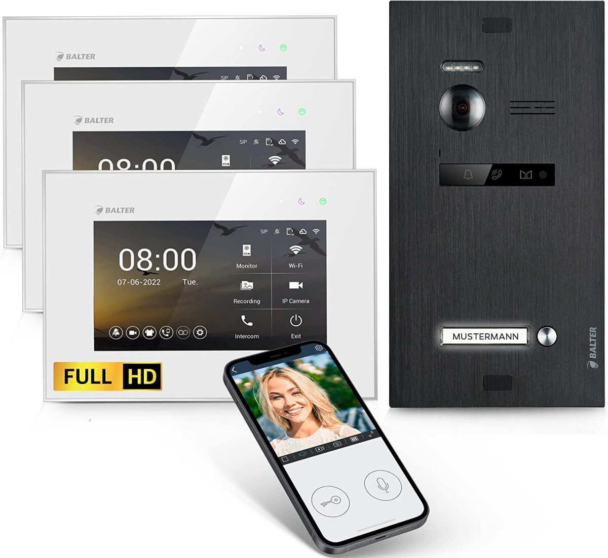 HD Video T&uuml;rsprechanlage mit Smartphone App f&uuml;r 1 Familienhaus, 2x Monitor, Balter EVO HD WLAN Schwarz