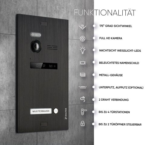 HD Video T&uuml;rsprechanlage mit App f&uuml;r 1 Familienhaus, 3x Monitor, Balter EVO HD WLAN Schwarz