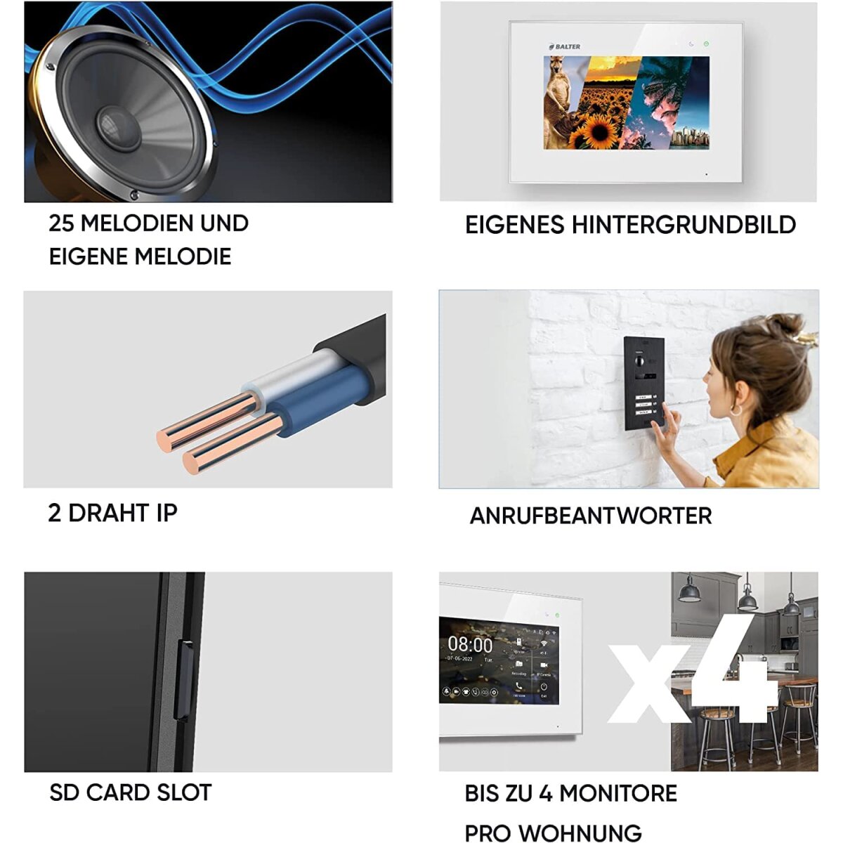 HD Video T&uuml;rsprechanlage mit Smartphone App f&uuml;r 1 Familienhaus, 4x Monitor, Balter EVO HD WLAN Schwarz