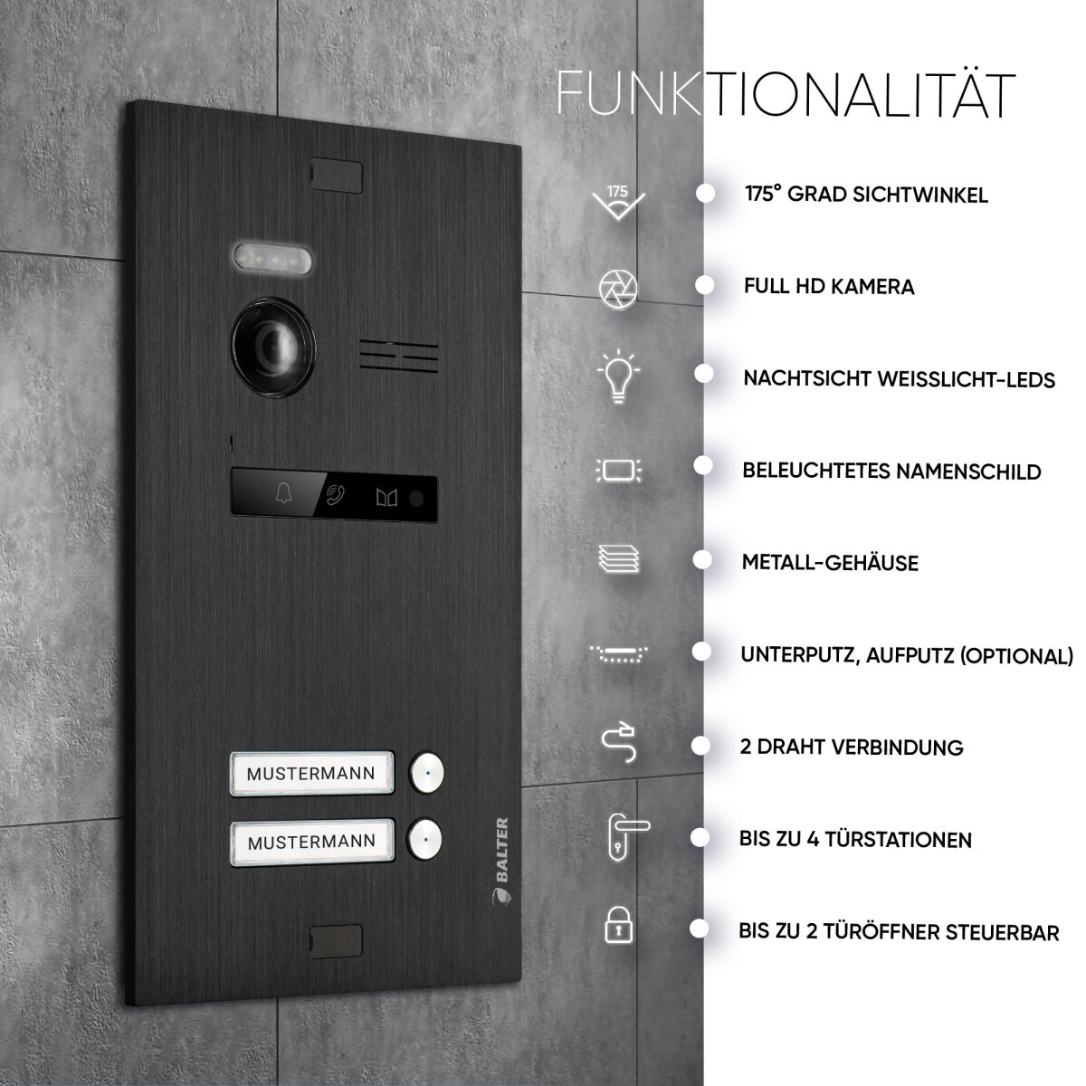 HD Video T&uuml;rsprechanlage mit Smartphone App f&uuml;r 2 Familienhaus, 2x Monitor, Balter EVO HD WLAN Schwarz