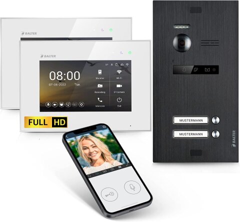 HD Video T&uuml;rsprechanlage mit Smartphone App f&uuml;r 2 Familienhaus, 2x Monitor, Balter EVO HD WLAN Schwarz