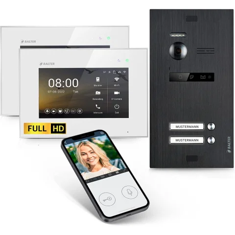 HD Video Türsprechanlage mit Smartphone App für 2 Familienhaus, 2x Monitor, Balter EVO HD WLAN Schwarz