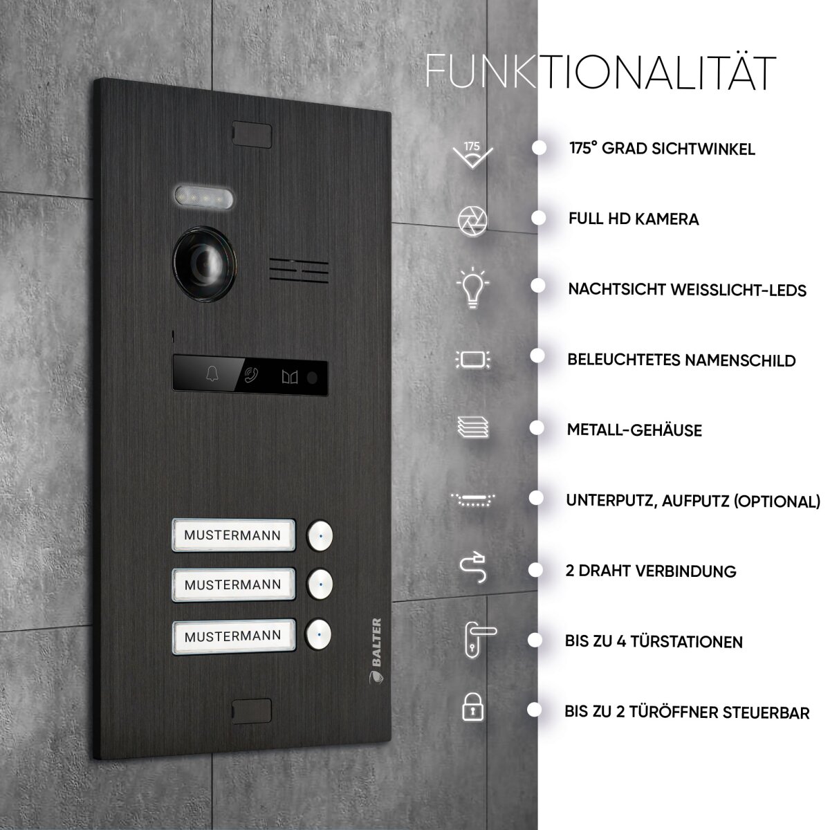 HD Video T&uuml;rsprechanlage mit Smartphone App f&uuml;r 3 Familienhaus, 3x Monitor, Balter EVO HD WLAN Schwarz