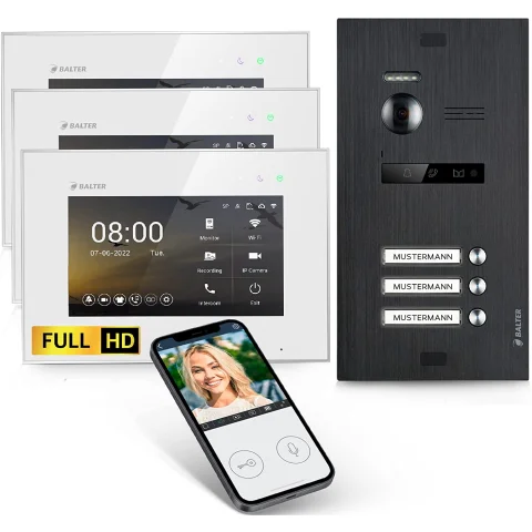 HD Video Türsprechanlage mit Smartphone App für 3 Familienhaus, 3x Monitor, Balter EVO HD WLAN Schwarz