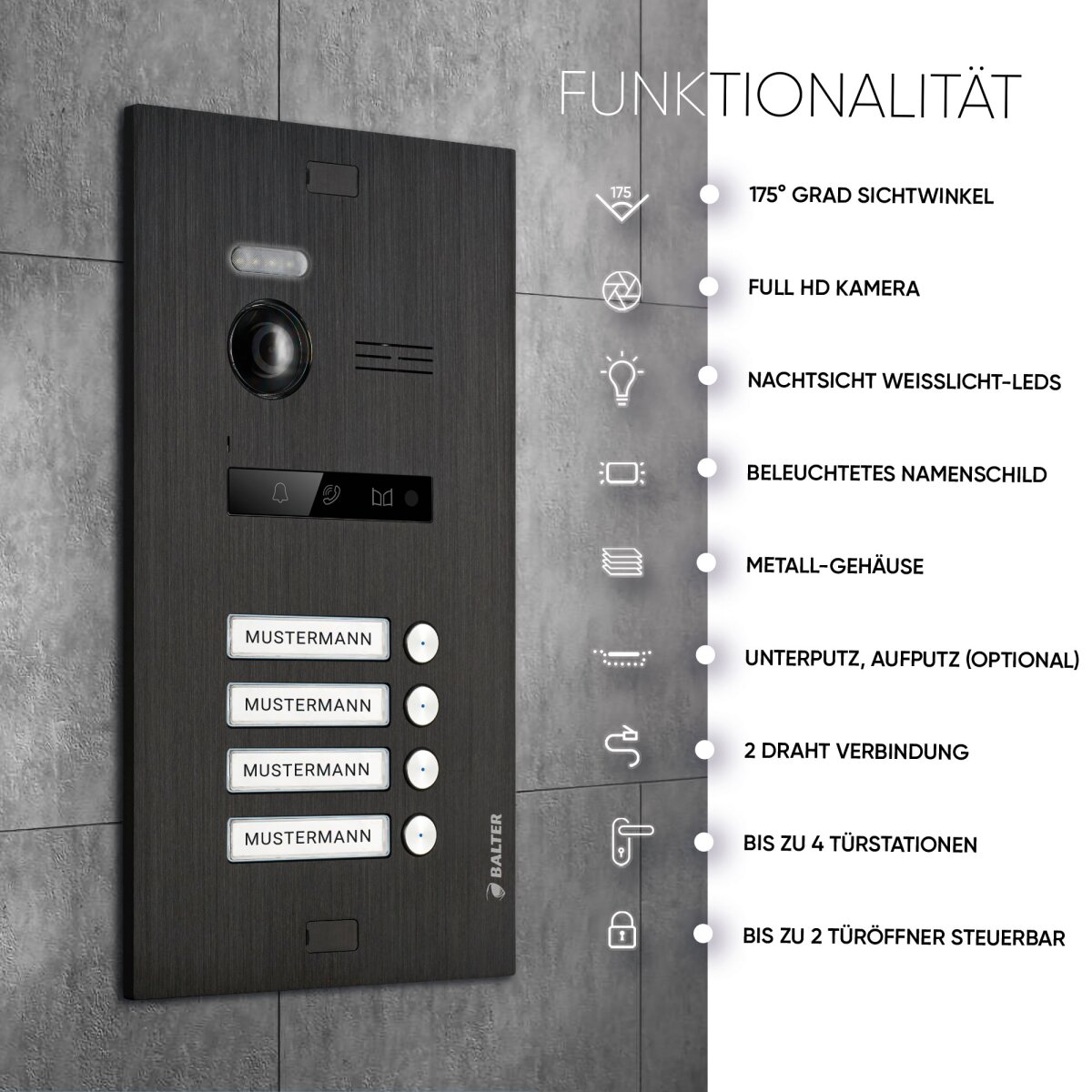 HD Video T&uuml;rsprechanlage mit Smartphone App f&uuml;r 4 Familienhaus, 4x Monitor, Balter EVO HD WLAN Schwarz