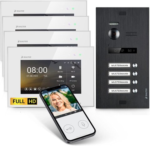 HD Video T&uuml;rsprechanlage mit Smartphone App f&uuml;r 4 Familienhaus, 4x Monitor, Balter EVO HD WLAN Schwarz