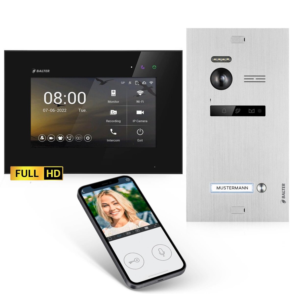 HD Video T&uuml;rsprechanlage mit App f&uuml;r 1 Familienhaus, 1x Monitor, Balter EVO HD WLAN SIlber/Schwarz