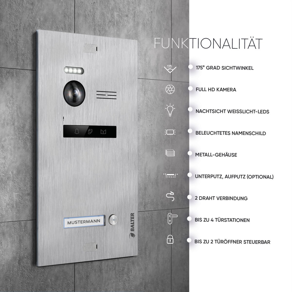 HD Video T&uuml;rsprechanlage mit Smartphone App f&uuml;r 1 Familienhaus, 1x Monitor, Balter EVO HD WLAN SIlber/Schwarz