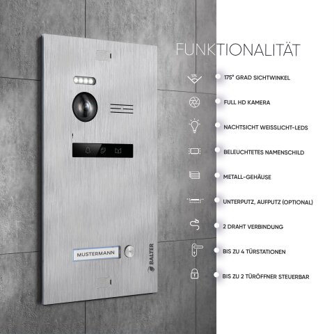 HD Video T&uuml;rsprechanlage mit Smartphone App f&uuml;r 1 Familienhaus, 1x Monitor, Balter EVO HD WLAN SIlber/Schwarz