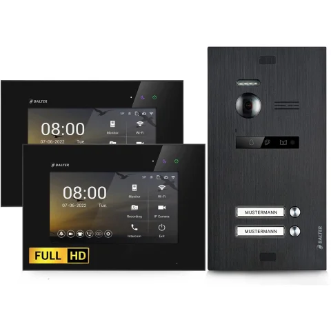 HD Video Türsprechanlage für 2 Familienhaus, 2 x Monitore, Balter EVO HD Black