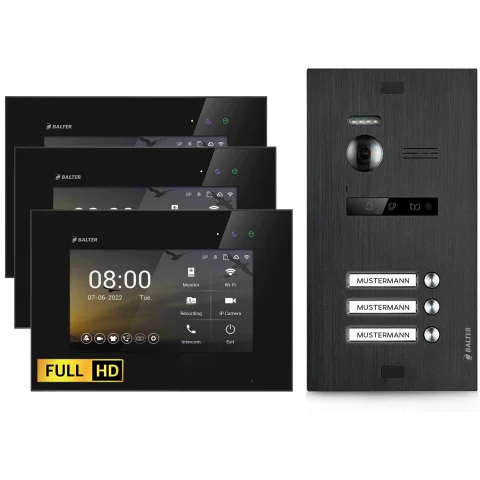 HD Video Türsprechanlage für 3 Familienhaus, 3x Monitor, Balter EVO HD Black
