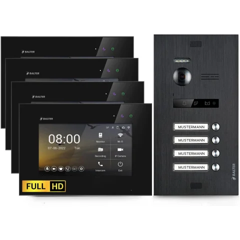 HD Video Türsprechanlage für 4 Familienhaus, 4x Monitor, Balter EVO HD Black