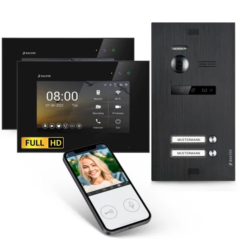 HD Video Türsprechanlage mit Smartphone App für 2 Familienhaus, 2x Monitor, Balter EVO HD WLAN Black