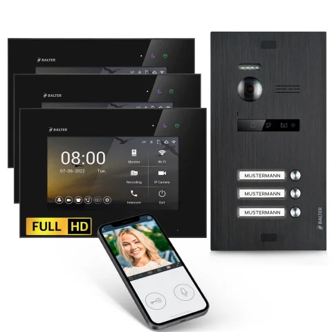 HD Video Türsprechanlage mit Smartphone App für 3 Familienhaus, 3x Monitor, Balter EVO HD WLAN Schwarz
