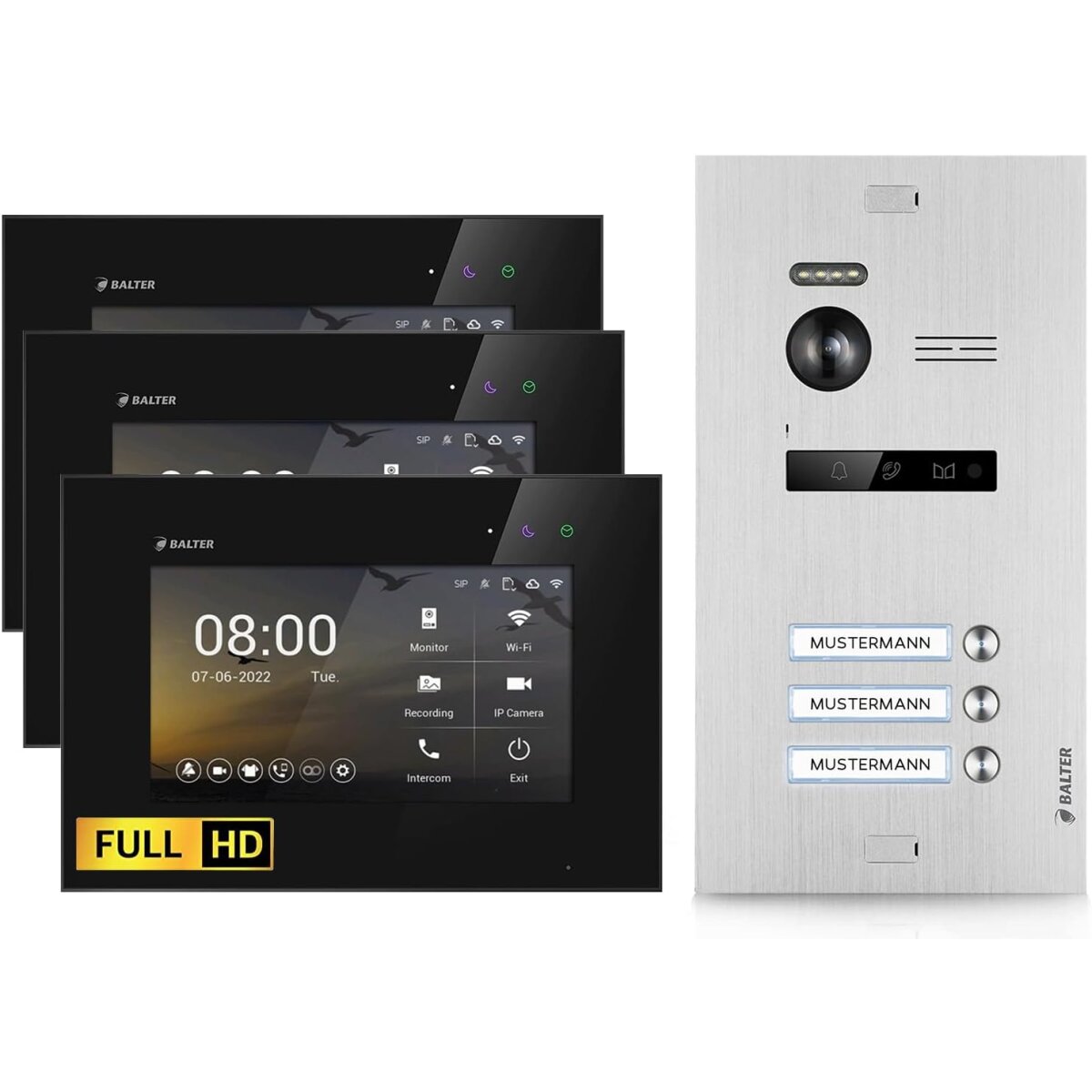 HD Video T&uuml;rsprechanlage f&uuml;r 3 Familienhaus, 3x Monitor, Balter EVO HD Silber/Schwarz