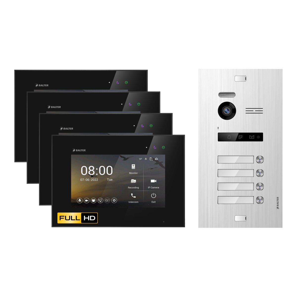 HD Video T&uuml;rsprechanlage mit Smartphone App f&uuml;r 4 Familienhaus, 4x Monitor, Balter EVO HD WLAN Silber/Schwarz