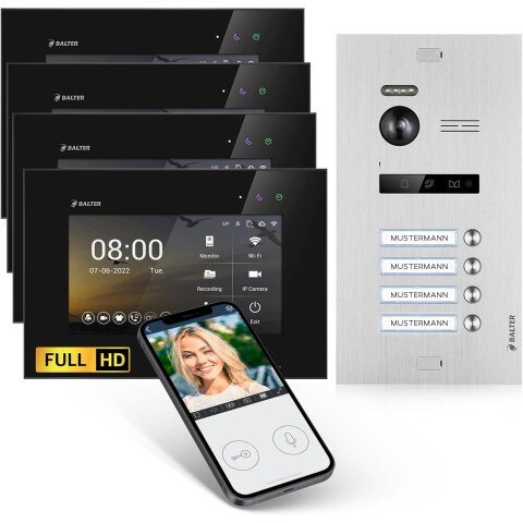 HD Video T&uuml;rsprechanlage f&uuml;r 4 Familienhaus, 4x Monitor, Balter EVO HD Silber/Schwarz