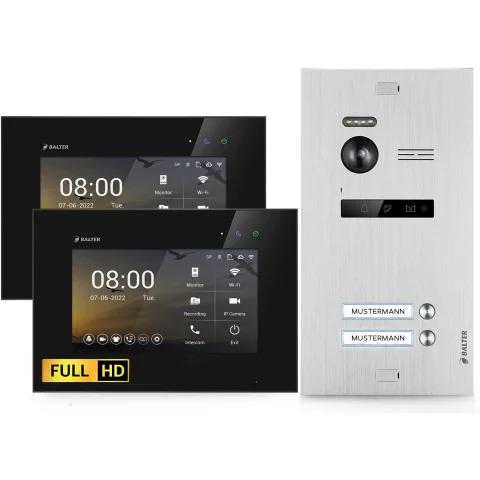 HD Video Türsprechanlage mit Smartphone App für 2 Familienhaus, 2x Monitor, Balter EVO HD WLAN Silber/Schwarz