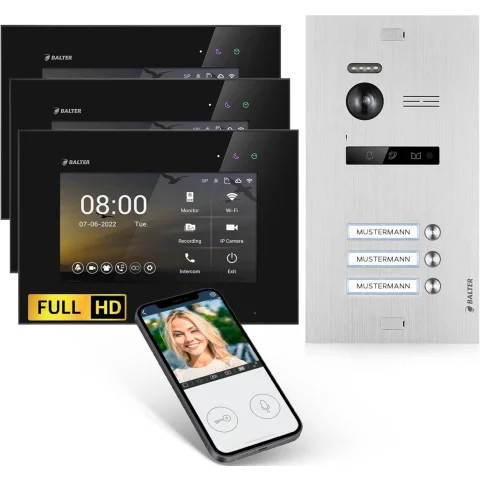 HD Video Türsprechanlage mit Smartphone App für 3 Familienhaus, 3x Monitor, Balter EVO HD WLAN Silber/Schwarz