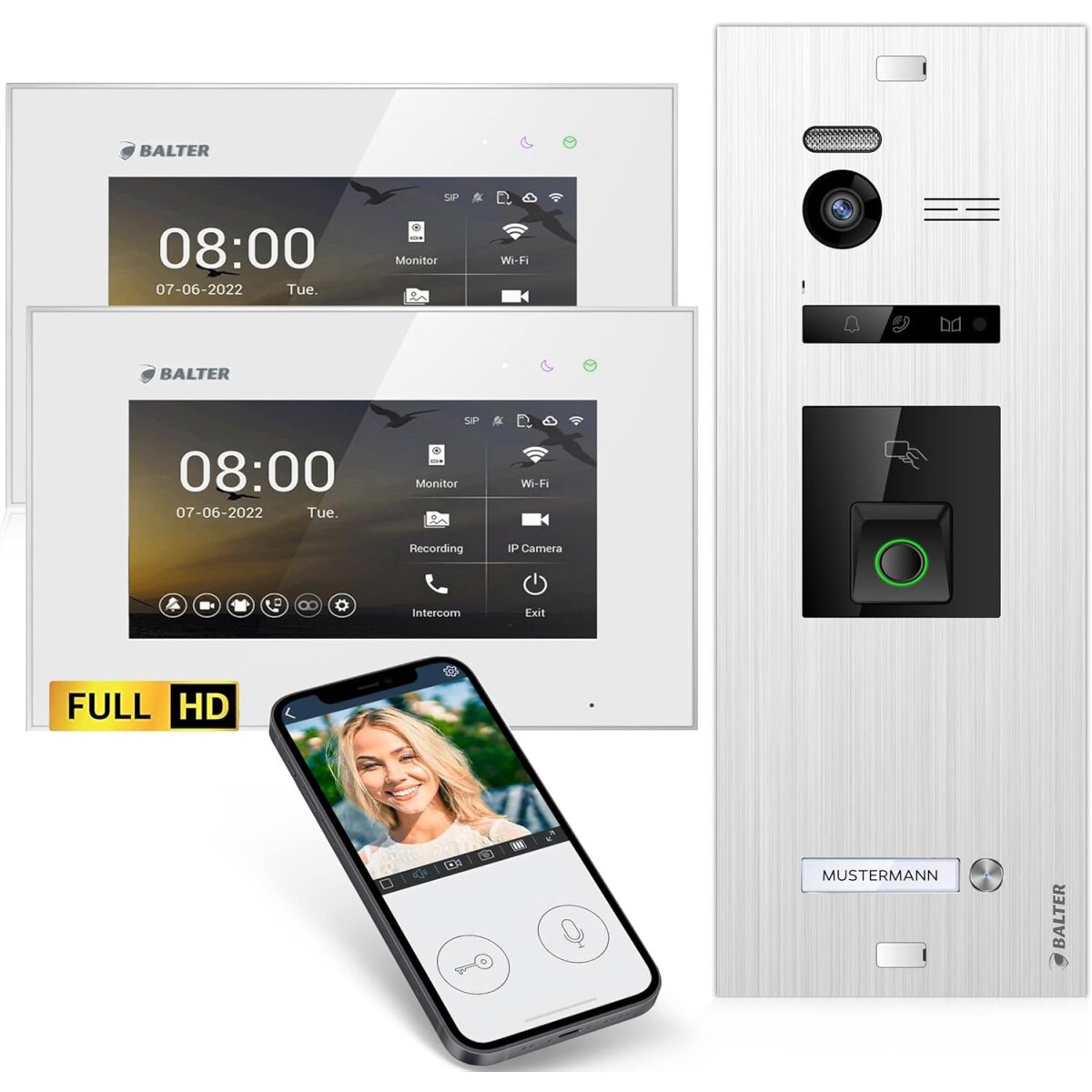 HD Video T&uuml;rsprechanlage mit Fingerprint, Video T&uuml;rklingel, Smartphone App, 1 Familienhaus, 2x7 Zoll Monitore, 2 Draht Bus, 175&deg; Weitwinkel
