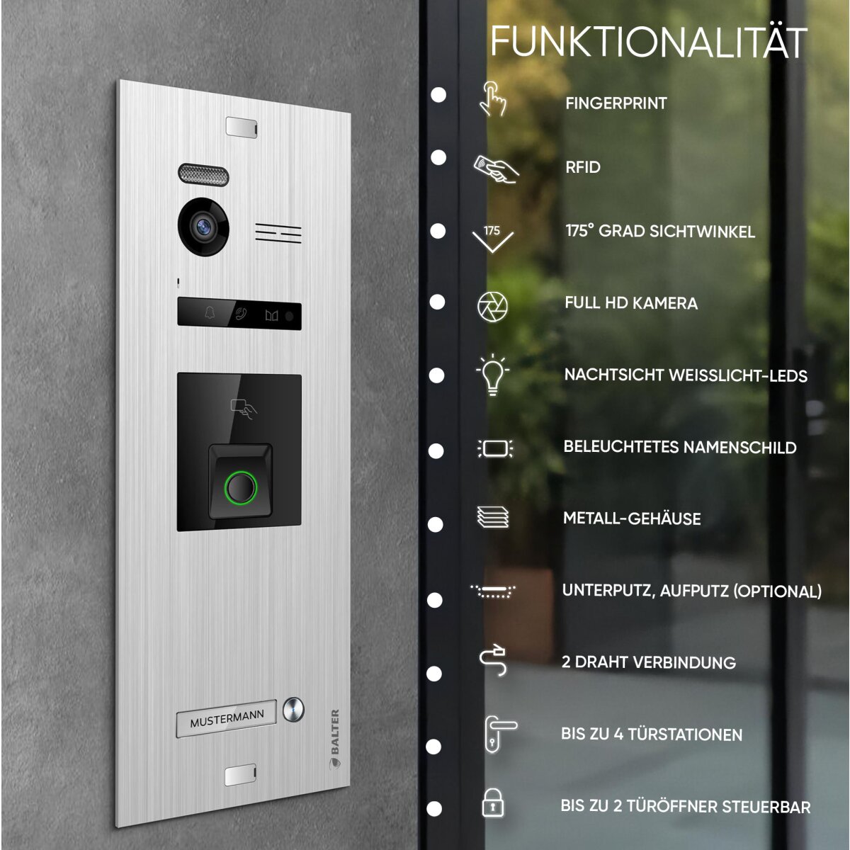 HD Video T&uuml;rsprechanlage mit Fingerprint, Video T&uuml;rklingel, Smartphone App, 1 Familienhaus, 2x7 Zoll Monitore, 2 Draht Bus, 175&deg; Weitwinkel