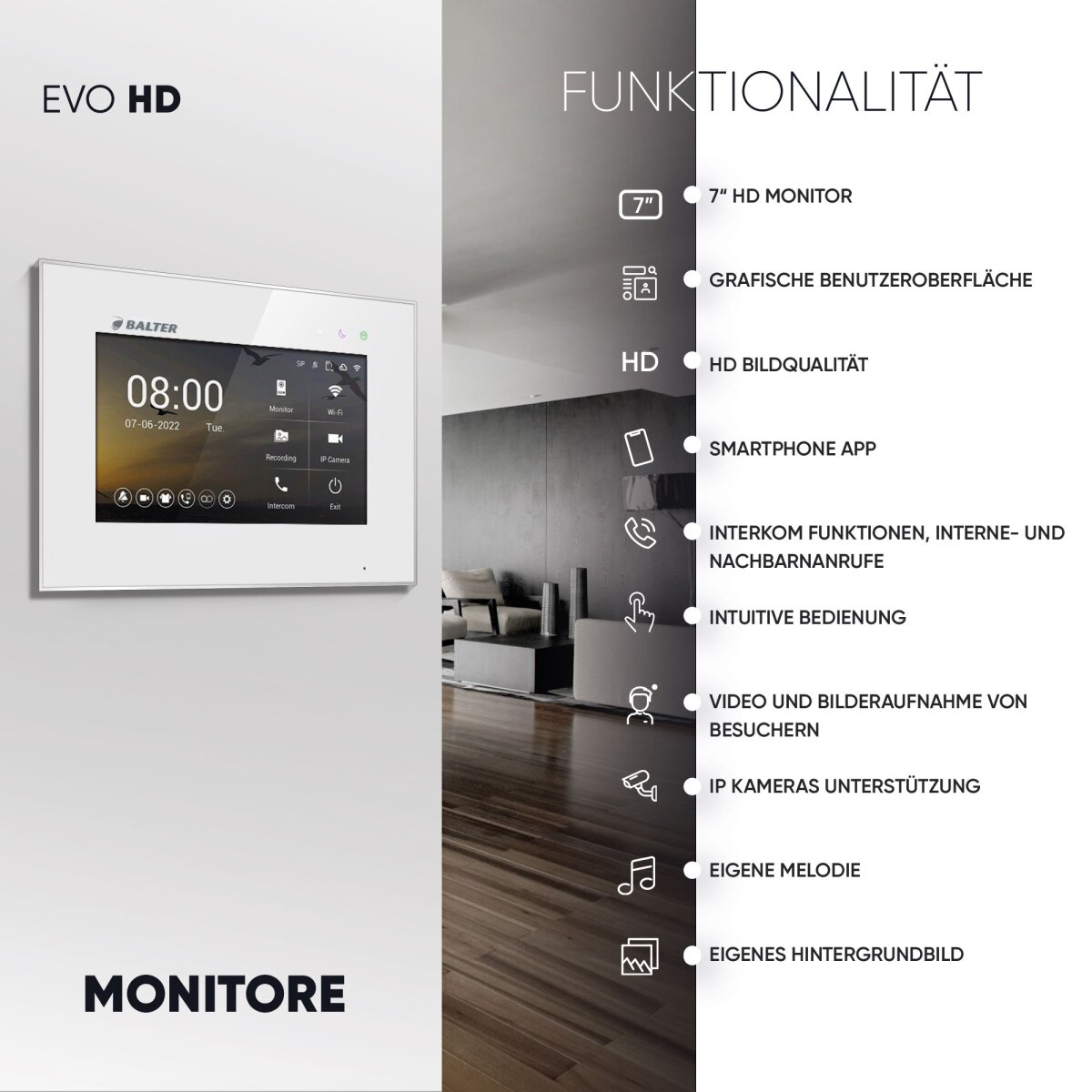 HD Video T&uuml;rsprechanlage mit Fingerprint, Video T&uuml;rklingel, Smartphone App, 1 Familienhaus, 2x7 Zoll Monitore, 2 Draht Bus, 175&deg; Weitwinkel