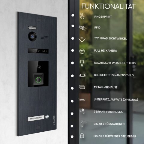 HD Video T&uuml;rsprechanlage mit Fingerprint und RFID f&uuml;r 1 Familienhaus, 2x Monitore, Balter EVO HD Fingerprint