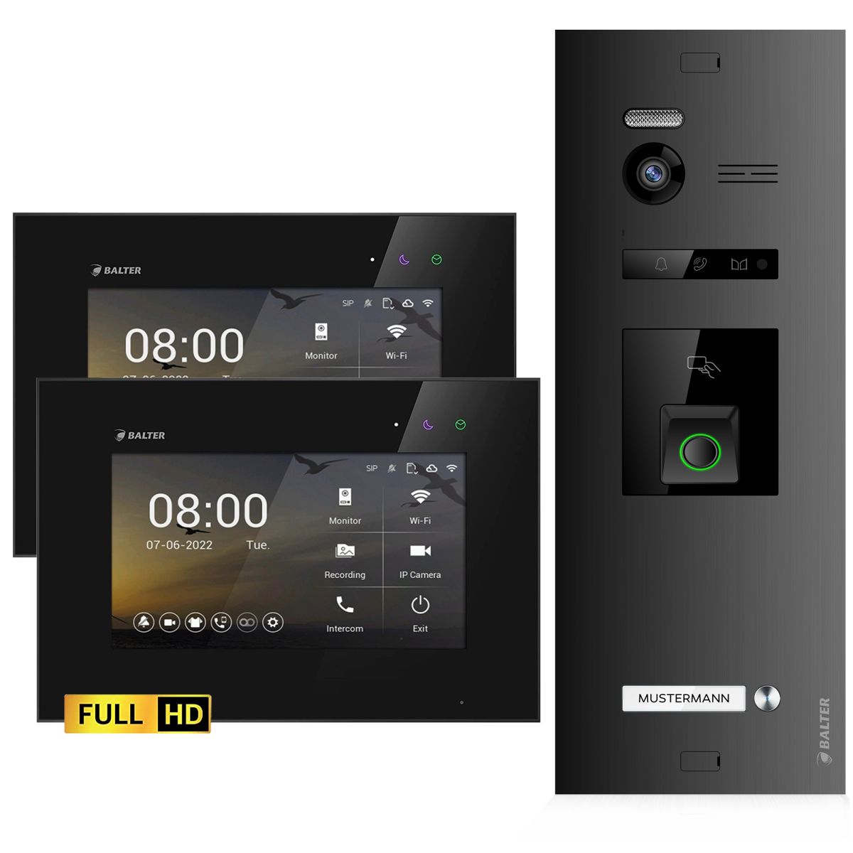 HD Video T&uuml;rsprechanlage mit Fingerprint und RFID f&uuml;r 1 Familienhaus, 2x Monitore, Balter EVO HD Fingerprint