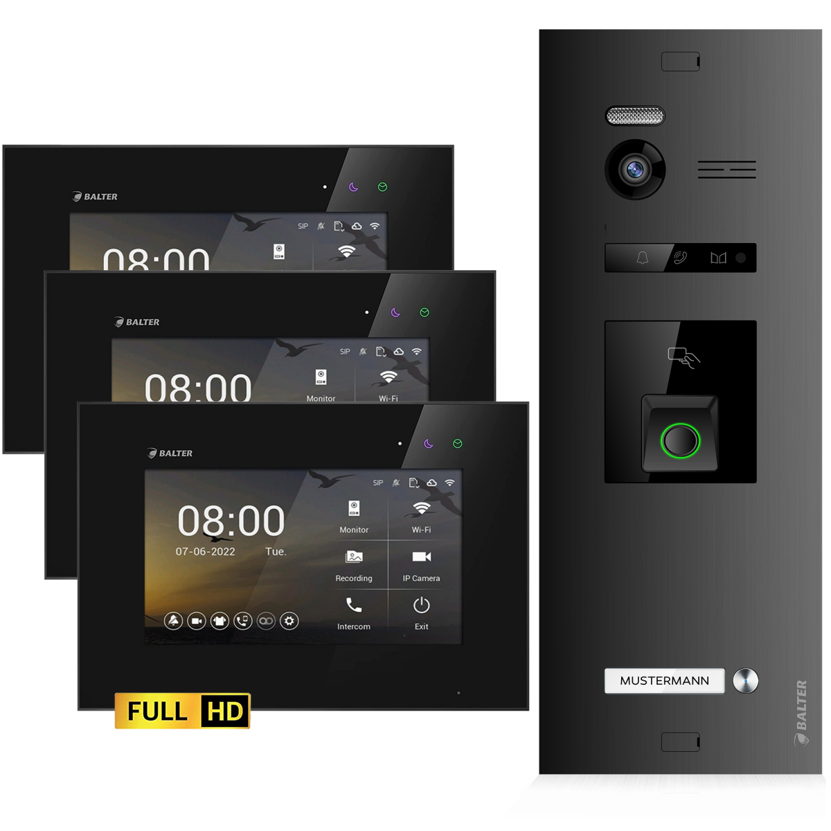 HD Video T&uuml;rsprechanlage mit Fingerprint und RFID f&uuml;r 1 Familienhaus, 3x Monitore, Balter EVO HD Fingerprint