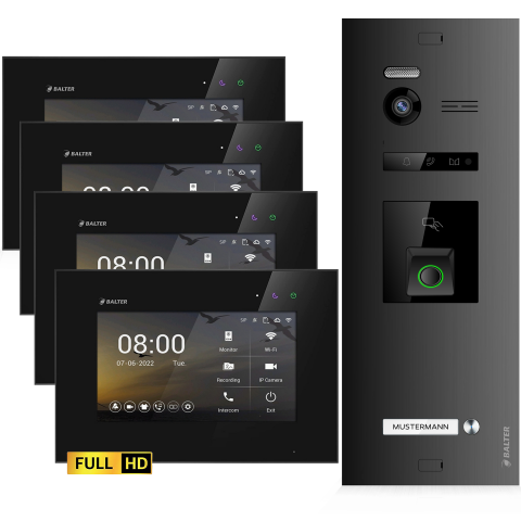 HD Video T&uuml;rsprechanlage mit Fingerprint und RFID f&uuml;r 1 Familienhaus, 4x Monitore, Balter EVO HD Fingerprint