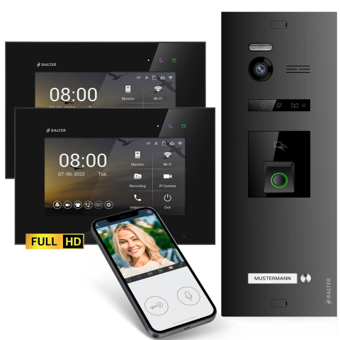 HD Video T&uuml;rsprechanlage mit Fingerprint RFID und Smartphone App f&uuml;r 1 Familienhaus, 2x Monitore, Balter EVO HD Fingerprint