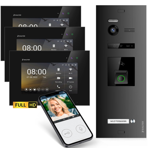 HD Video T&uuml;rsprechanlage mit Fingerprint RFID und Smartphone App f&uuml;r 1 Familienhaus, 3x Monitore, Balter EVO HD Fingerprint