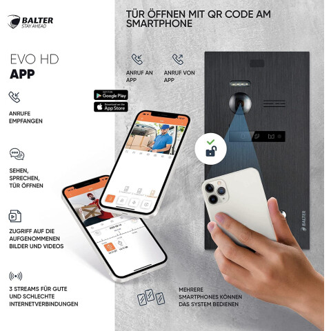 HD Video T&uuml;rsprechanlage mit Fingerprint RFID und Smartphone App f&uuml;r 1 Familienhaus, 3x Monitore, Balter EVO HD Fingerprint