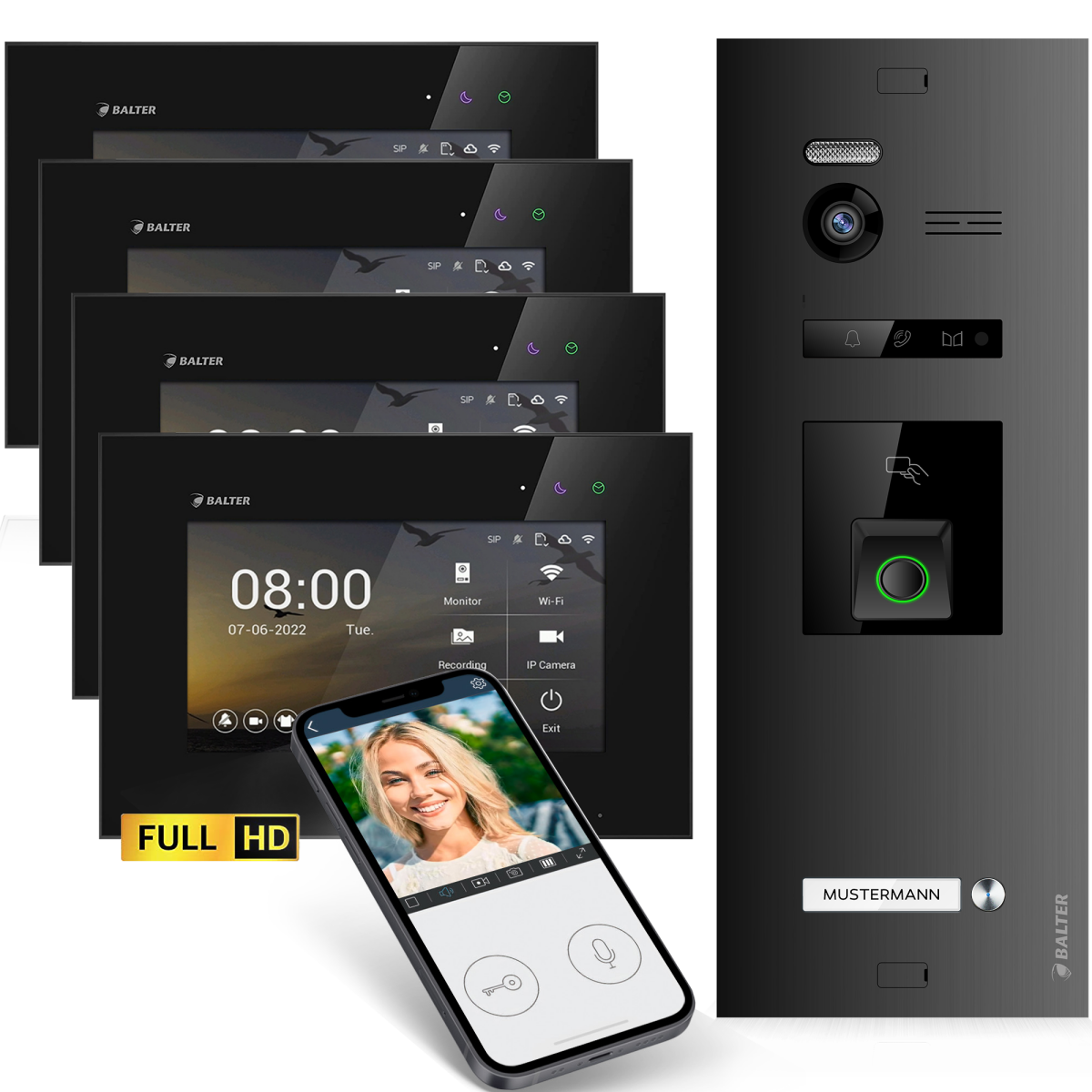 HD Video T&uuml;rsprechanlage mit Fingerprint RFID und Smartphone App f&uuml;r 1 Familienhaus, 4x Monitore, Balter EVO HD Fingerprint